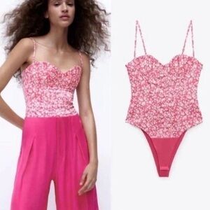 Zara Sleeveless Adjustable Straps Pink Floral Corset Bodysuit Size XS